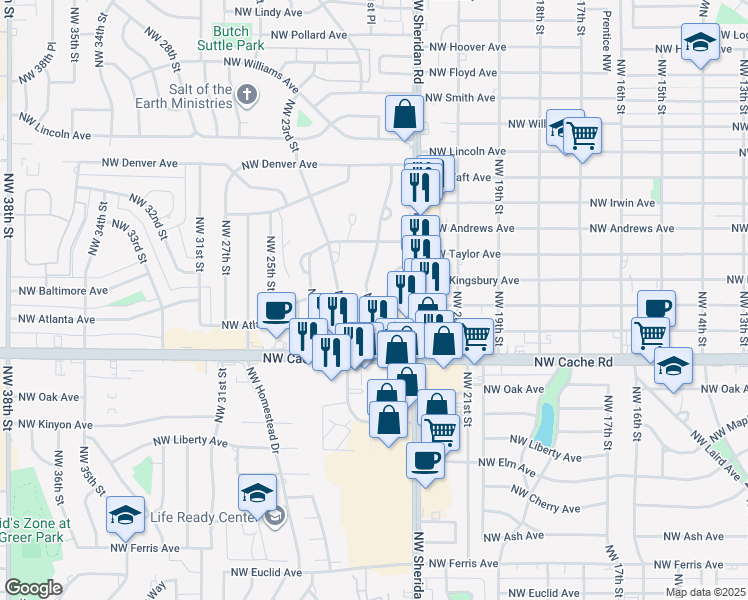map of restaurants, bars, coffee shops, grocery stores, and more near 1609 Northwest 22nd Street in Lawton