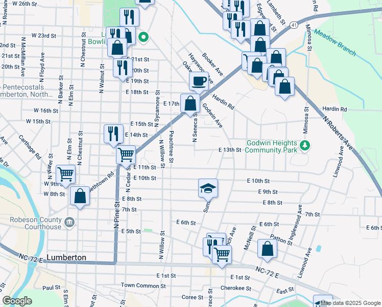 map of restaurants, bars, coffee shops, grocery stores, and more near 1265 North Seneca Street in Lumberton
