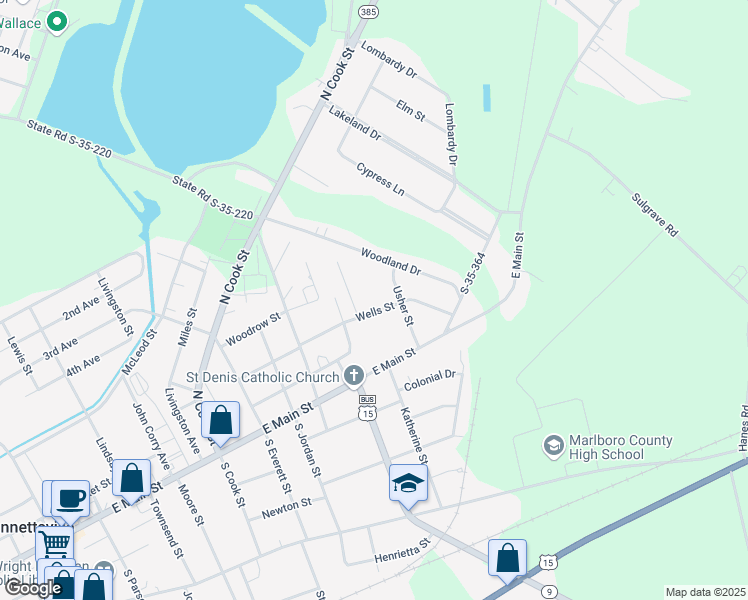 map of restaurants, bars, coffee shops, grocery stores, and more near 1005 Wells Street in Bennettsville