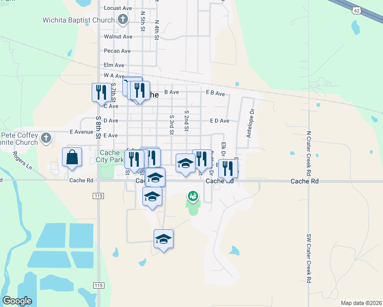 map of restaurants, bars, coffee shops, grocery stores, and more near 111 F Avenue in Cache