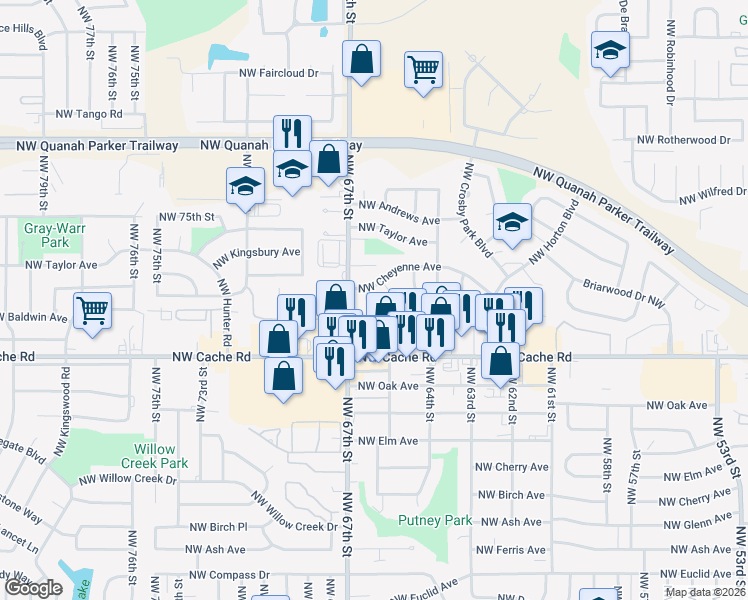 map of restaurants, bars, coffee shops, grocery stores, and more near 6323 Northwest Cheyenne Avenue in Lawton