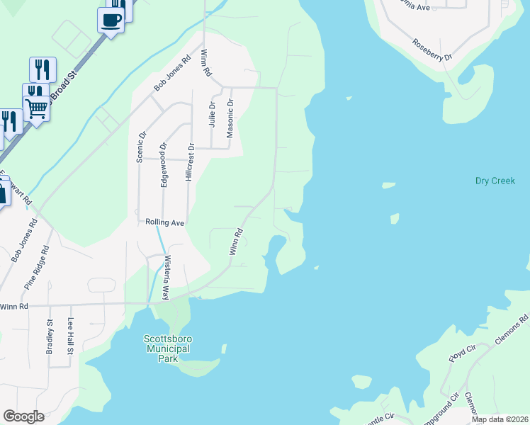 map of restaurants, bars, coffee shops, grocery stores, and more near 45 Sharry Drive in Scottsboro