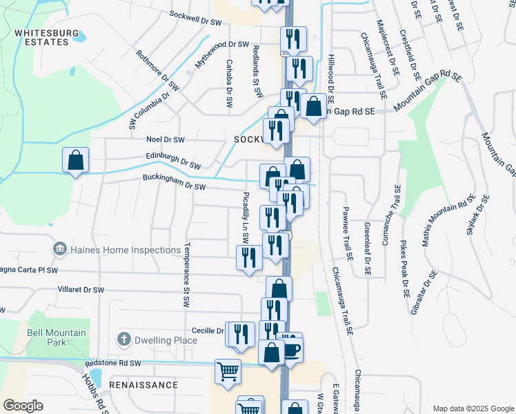 map of restaurants, bars, coffee shops, grocery stores, and more near 10310 Picadilly Lane Southwest in Huntsville