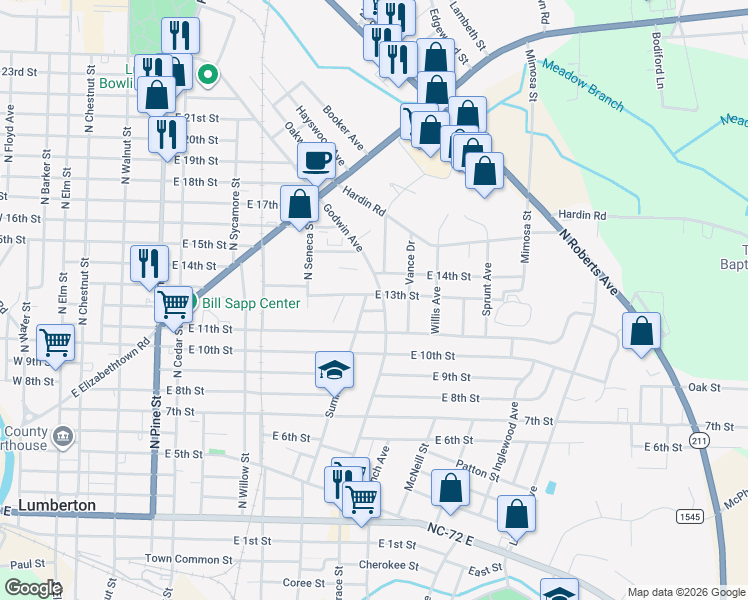 map of restaurants, bars, coffee shops, grocery stores, and more near 1302 Godwin Avenue in Lumberton