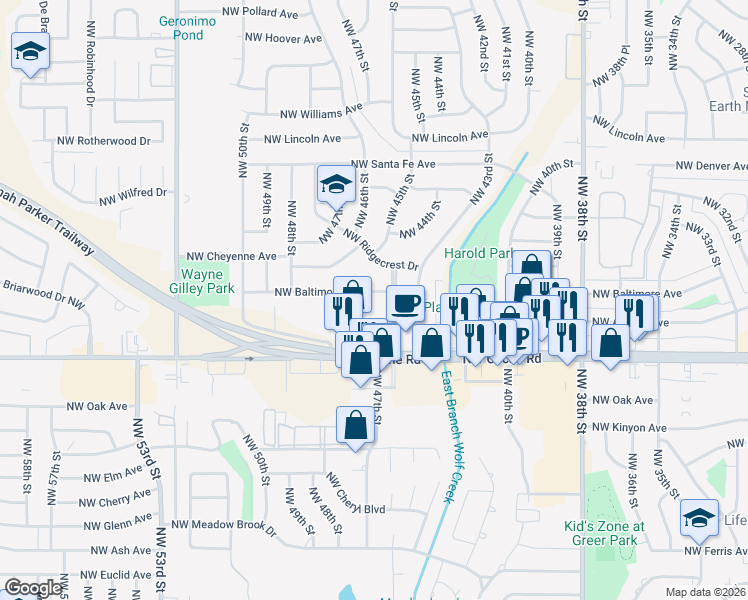 map of restaurants, bars, coffee shops, grocery stores, and more near 4407 Northwest Baltimore Avenue in Lawton