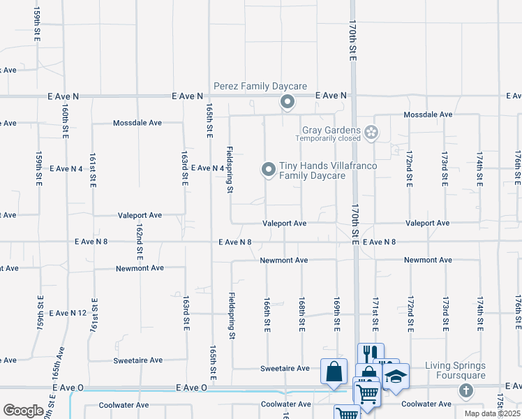 map of restaurants, bars, coffee shops, grocery stores, and more near 166th Street East in Lancaster