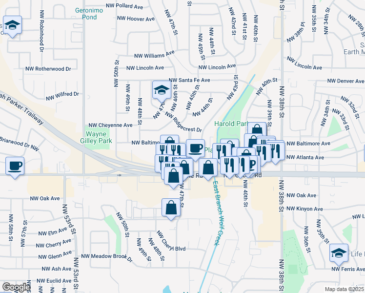 map of restaurants, bars, coffee shops, grocery stores, and more near 4407 Northwest Baltimore Avenue in Lawton