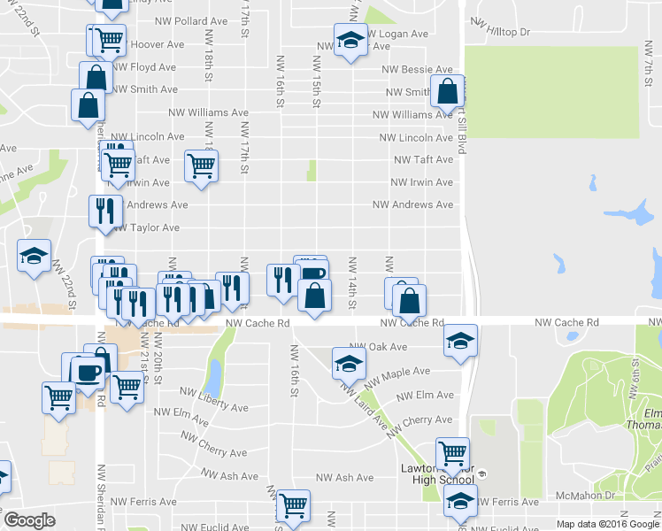 map of restaurants, bars, coffee shops, grocery stores, and more near 1411 Northwest Baldwin Avenue in Lawton