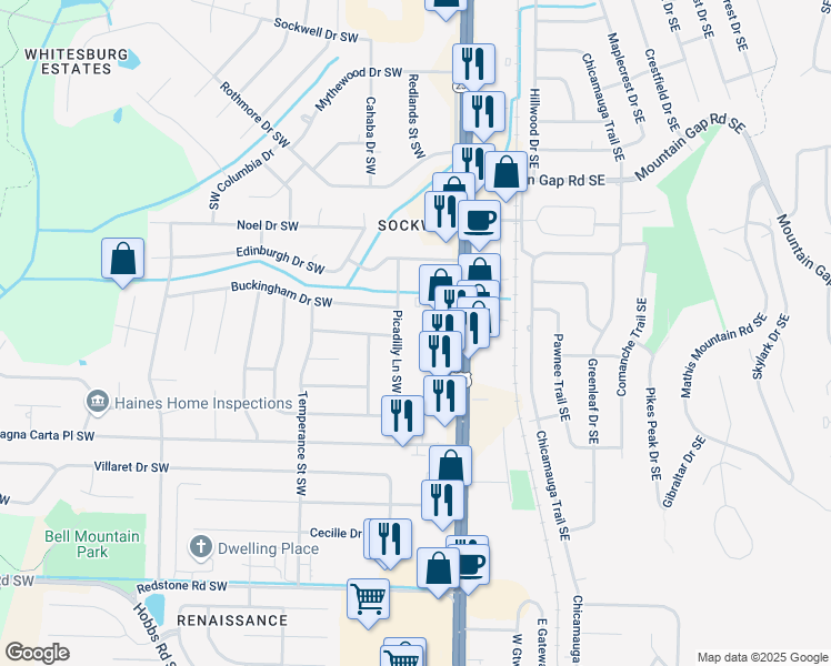 map of restaurants, bars, coffee shops, grocery stores, and more near 10310 Picadilly Lane Southwest in Huntsville