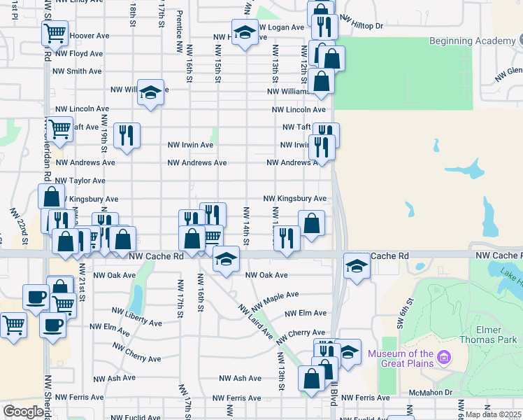 map of restaurants, bars, coffee shops, grocery stores, and more near 1310 Northwest Kingsbury Avenue in Lawton