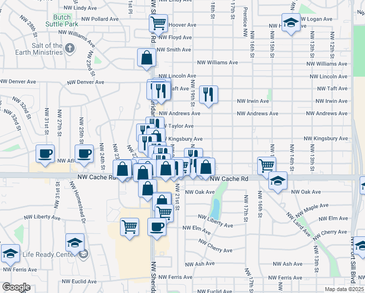 map of restaurants, bars, coffee shops, grocery stores, and more near 1909 Northwest Baldwin Avenue in Lawton