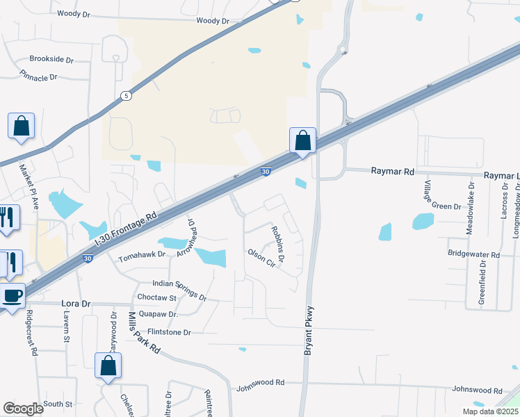 map of restaurants, bars, coffee shops, grocery stores, and more near 3332 Garden Club Drive in Bryant
