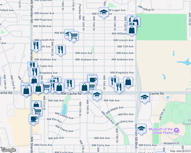 map of restaurants, bars, coffee shops, grocery stores, and more near 1603 Northwest 15th Street in Lawton