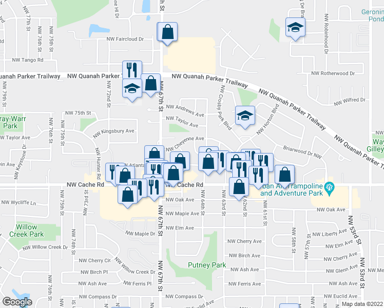 map of restaurants, bars, coffee shops, grocery stores, and more near 1610 Northwest Black Mesa Drive in Lawton