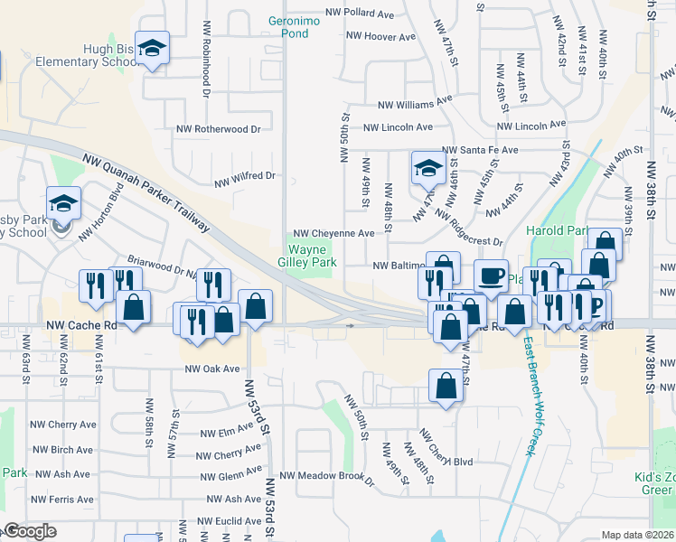 map of restaurants, bars, coffee shops, grocery stores, and more near 1501 Northwest 50th Street in Lawton
