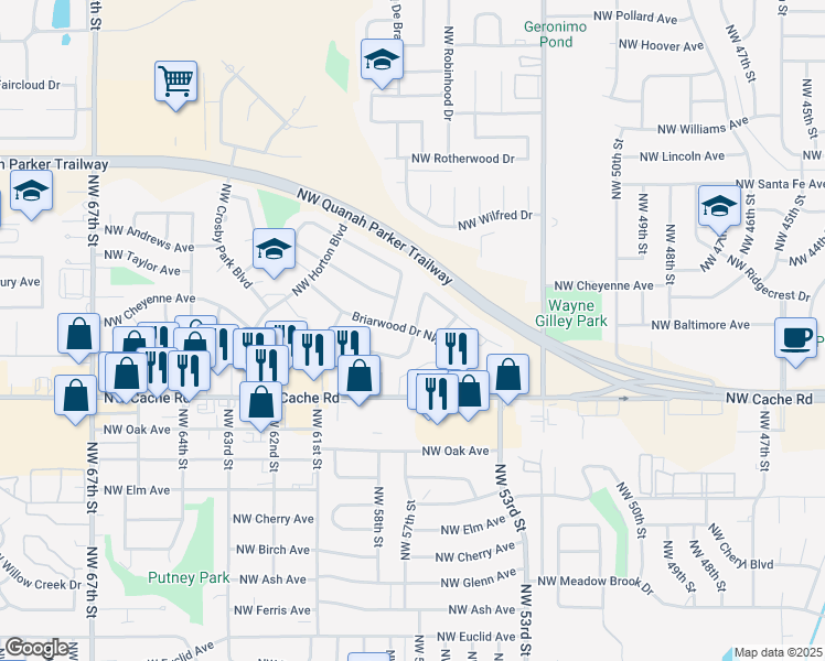 map of restaurants, bars, coffee shops, grocery stores, and more near 1701 Northwest Cedarwood Drive in Lawton