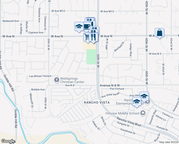 map of restaurants, bars, coffee shops, grocery stores, and more near 40908 Rise Court in Palmdale