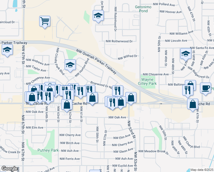 map of restaurants, bars, coffee shops, grocery stores, and more near 5598 Northwest Cottonwood Drive in Lawton