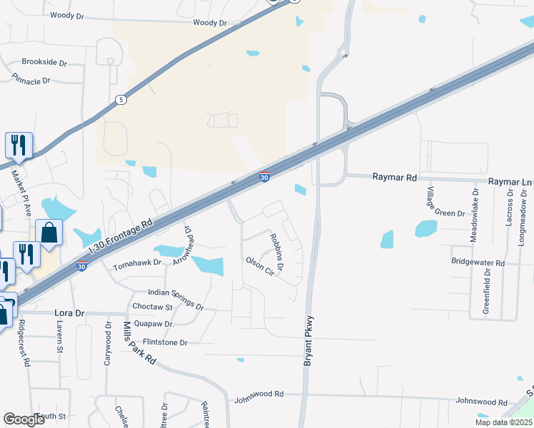map of restaurants, bars, coffee shops, grocery stores, and more near 3332 Garden Club Drive in Bryant