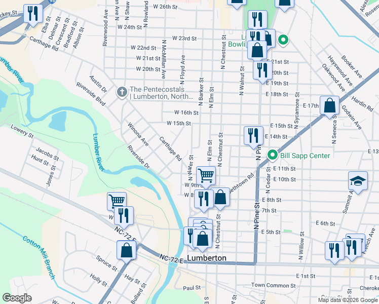 map of restaurants, bars, coffee shops, grocery stores, and more near 1100 North Barker Street in Lumberton