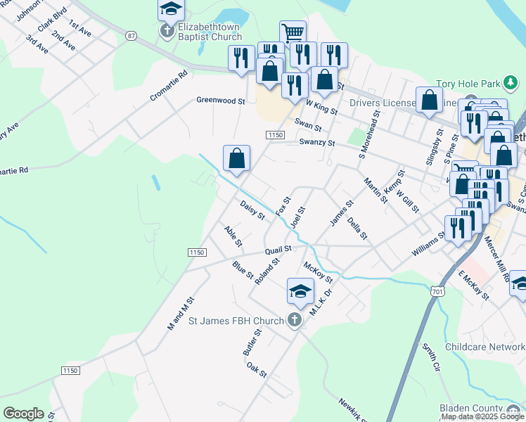 map of restaurants, bars, coffee shops, grocery stores, and more near 1204 Daisy Street in Elizabethtown