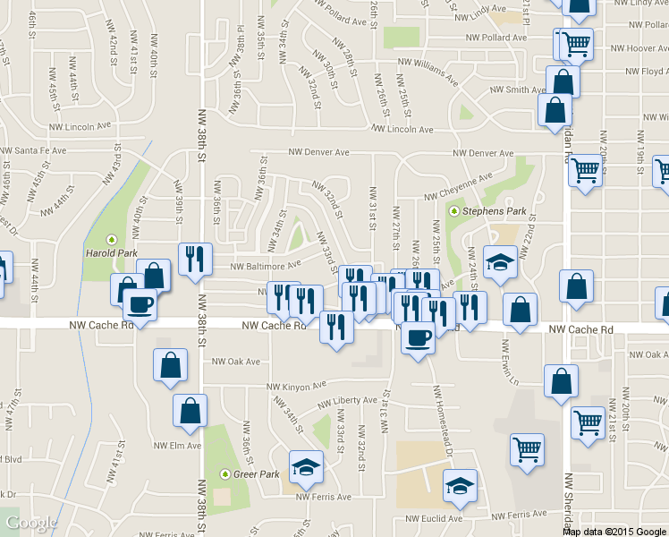 map of restaurants, bars, coffee shops, grocery stores, and more near 1507 Northwest 33rd Street in Lawton