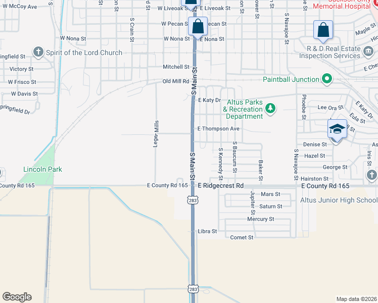map of restaurants, bars, coffee shops, grocery stores, and more near 1203 South Main Street in Altus
