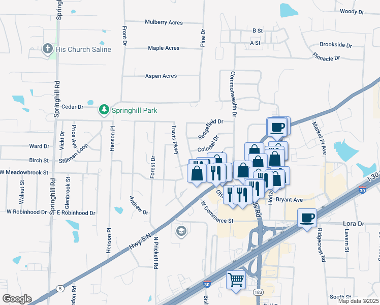 map of restaurants, bars, coffee shops, grocery stores, and more near 3303 Independence Drive in Bryant