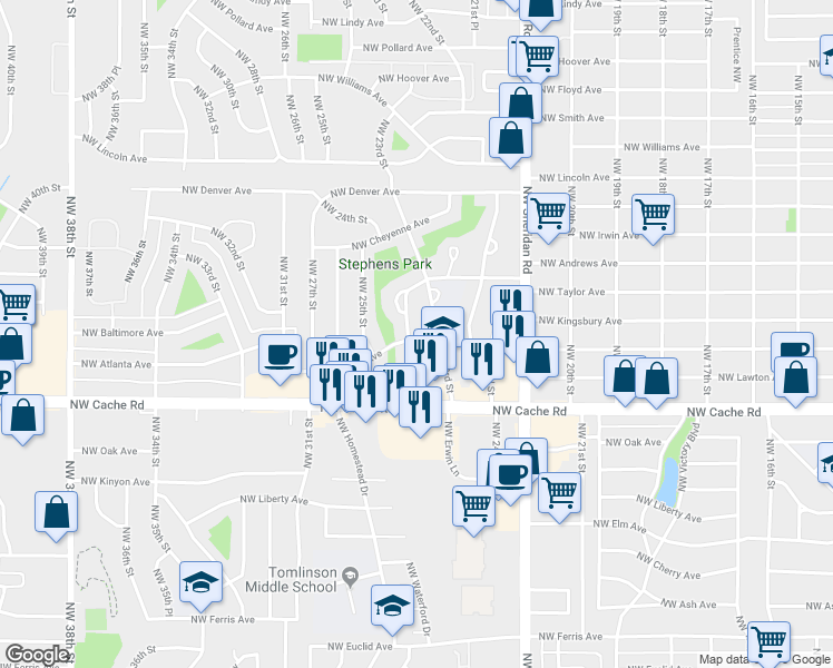 map of restaurants, bars, coffee shops, grocery stores, and more near 1427 Northwest 24th Street in Lawton