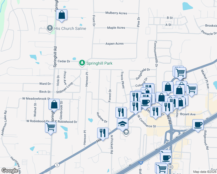 map of restaurants, bars, coffee shops, grocery stores, and more near 3301 Forest Drive in Bryant