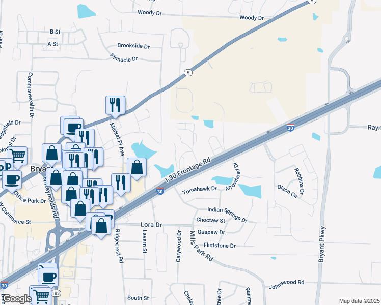 map of restaurants, bars, coffee shops, grocery stores, and more near 23738 Interstate 30 in Bryant