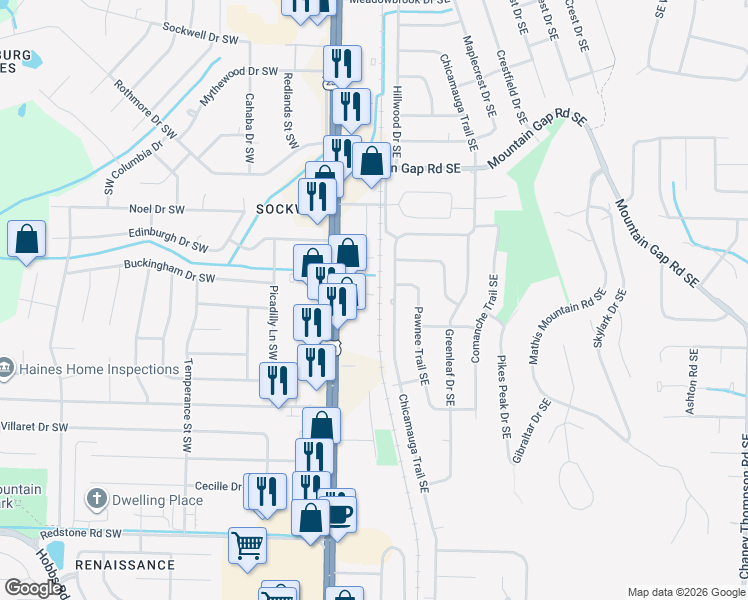 map of restaurants, bars, coffee shops, grocery stores, and more near 11535 Jade Lane Southeast in Huntsville