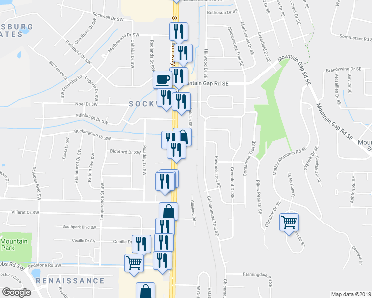 map of restaurants, bars, coffee shops, grocery stores, and more near 11591 Jade Lane Southeast in Huntsville