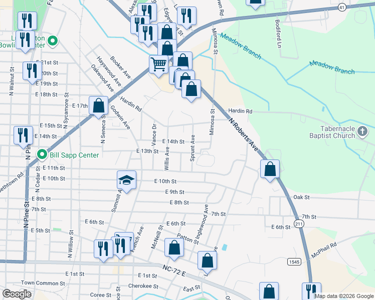 map of restaurants, bars, coffee shops, grocery stores, and more near 1402 East 14th Street in Lumberton