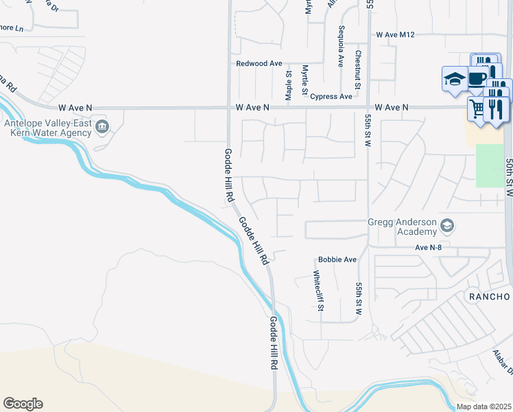 map of restaurants, bars, coffee shops, grocery stores, and more near 5816 Avenida Esplendida in Palmdale