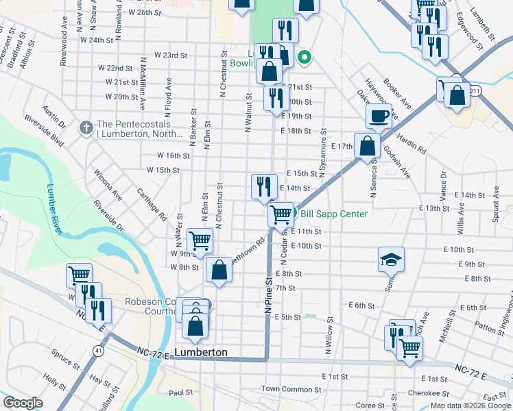 map of restaurants, bars, coffee shops, grocery stores, and more near 307 East 13th Street in Lumberton