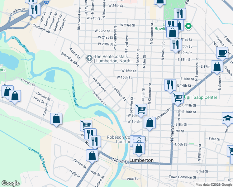 map of restaurants, bars, coffee shops, grocery stores, and more near 1006 Blount Street in Lumberton