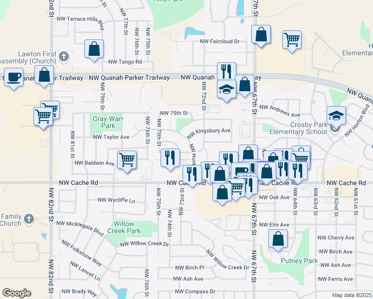 map of restaurants, bars, coffee shops, grocery stores, and more near 7203 Northwest Lawton Avenue in Lawton