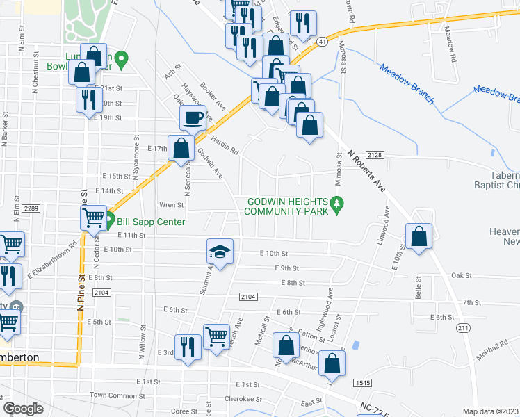 map of restaurants, bars, coffee shops, grocery stores, and more near 1101 East 13th Street in Lumberton