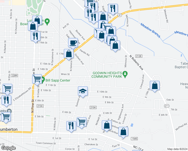 map of restaurants, bars, coffee shops, grocery stores, and more near 1005 East 13th Street in Lumberton
