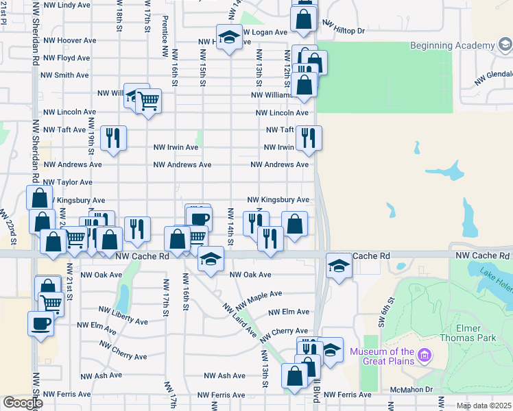 map of restaurants, bars, coffee shops, grocery stores, and more near 1310 Northwest Kingsbury Avenue in Lawton