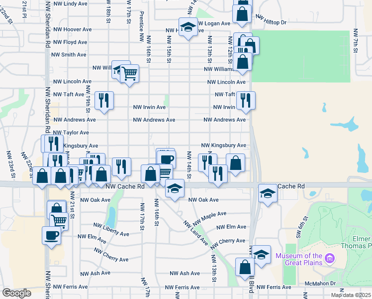map of restaurants, bars, coffee shops, grocery stores, and more near 1406 Northwest Kingsbury Avenue in Lawton