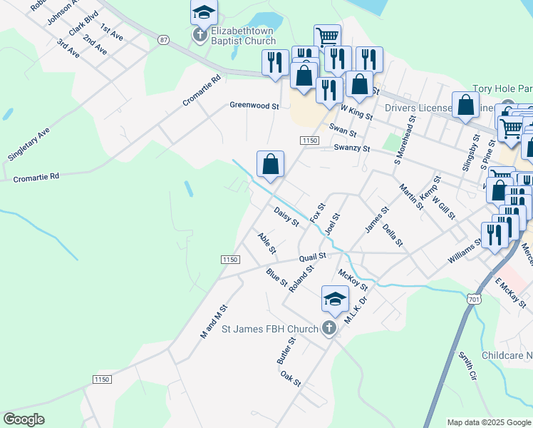 map of restaurants, bars, coffee shops, grocery stores, and more near 503 Old Peanut Road in Elizabethtown