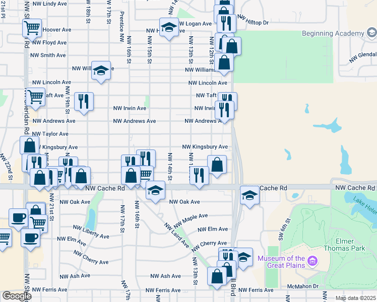 map of restaurants, bars, coffee shops, grocery stores, and more near 1310 Northwest Kingsbury Avenue in Lawton