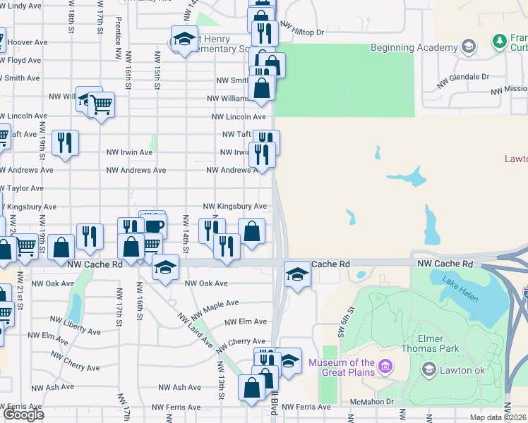 map of restaurants, bars, coffee shops, grocery stores, and more near 1612 Northwest Fort Sill Boulevard in Lawton