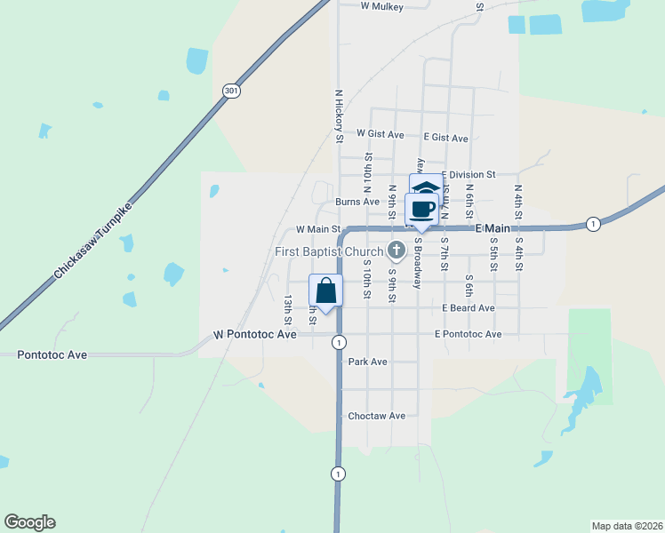map of restaurants, bars, coffee shops, grocery stores, and more near 333 West Frisco Avenue in Roff