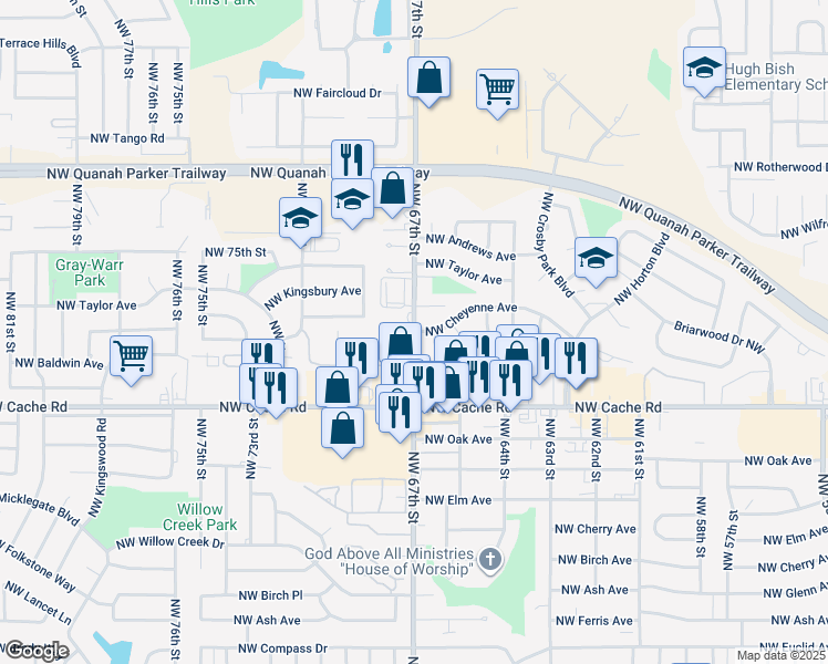 map of restaurants, bars, coffee shops, grocery stores, and more near 1692 Northwest 67th Street in Lawton