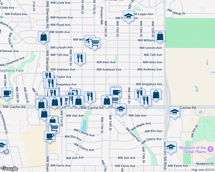 map of restaurants, bars, coffee shops, grocery stores, and more near 1516 Northwest Kingsbury Avenue in Lawton