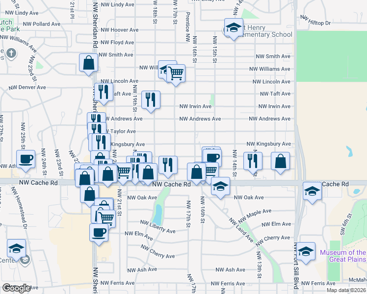 map of restaurants, bars, coffee shops, grocery stores, and more near 1616 Northwest Kingsbury Avenue in Lawton
