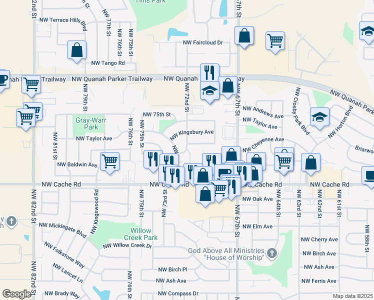 map of restaurants, bars, coffee shops, grocery stores, and more near 7298 Northwest Atlanta Avenue in Lawton